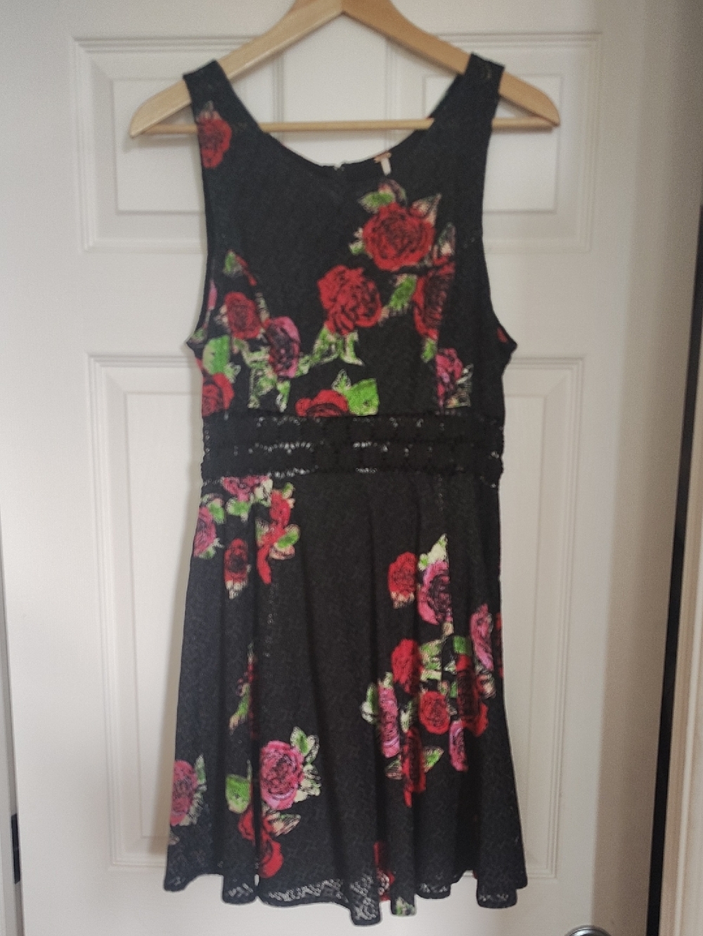 Free People Black Lace Dress with Red Roses and Green Leaves